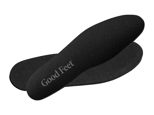 Black shoe insoles with 'Good Feet' branding on a light gray background