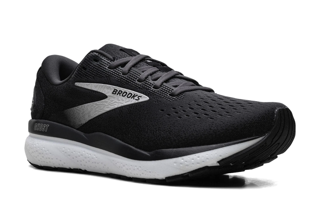 Black running shoe with white sole on a white background