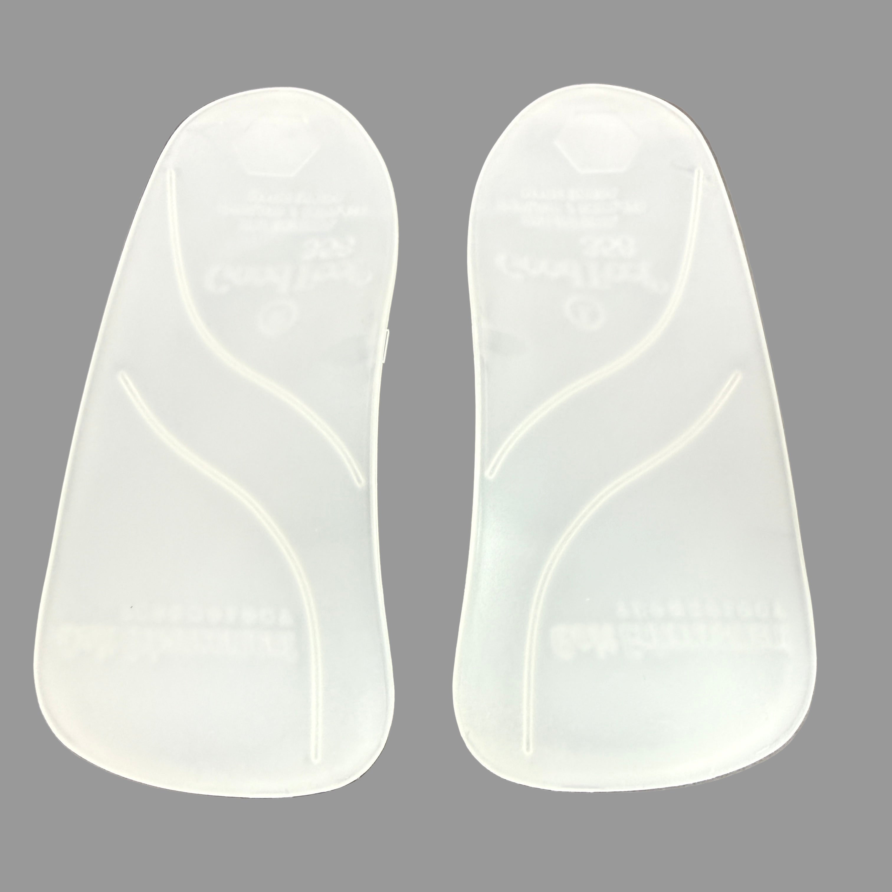 Pair of white shoe inserts on a gray background